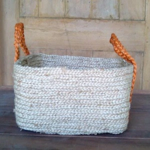 Square Braid Jute Basket Natural Color with natural Handle.