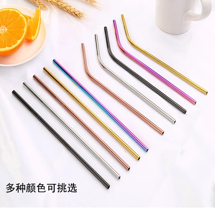 ss304 customized size reusable  stainless steel color plated straight straw and bent straw with brush in pouch