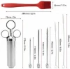 Stainless Steel Meat Injector Syringe 2-oz Large Capacity with 3 Marinade Needles Injector Cleaning Brush for BBQ Grill (Red)