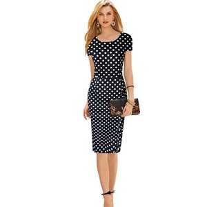 Summer formal short sleeve vintage polka dot print pencil career dress for office lady