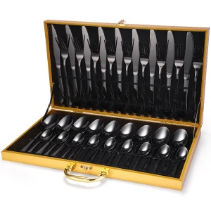 Table Spoon Set Stainless Steel Cutlery Set 36pcs With Wooden Box Gold Luxury Cutlery Set