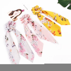 Vintage Long Ribbon Scarf Solid Floral Stripe Ropes Ponytail Holder Hair Accessories Elastic Hair Bands Scrunchies