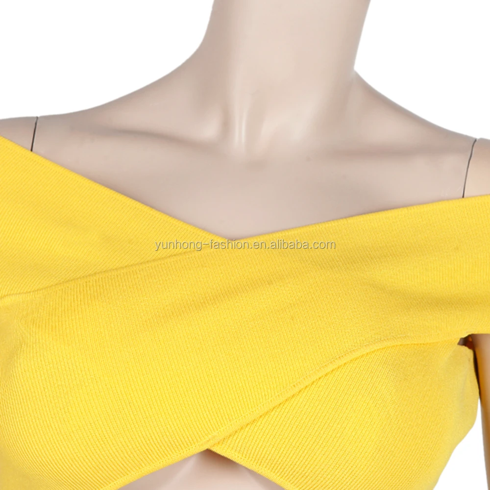 VISCOSE nylon spring summer yellow fashion sexy women front and back cross V neck off shoulder sleeveless crop sweater top