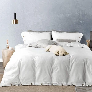 White 100% Washed Cotton Duvet Cover Set, 3 Piece Luxury Soft Bedding Set with Buttons Closure Duvet Cover