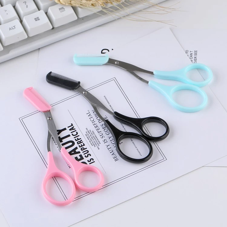 Wholesale cheap colorful safety eyebrow tweezers cutting scissors stainless steel sharp eyebrow scissors with comb