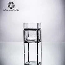 Wholesale Glass Material Transparent Tabletop Square Glass flower Vase with Metal Stand