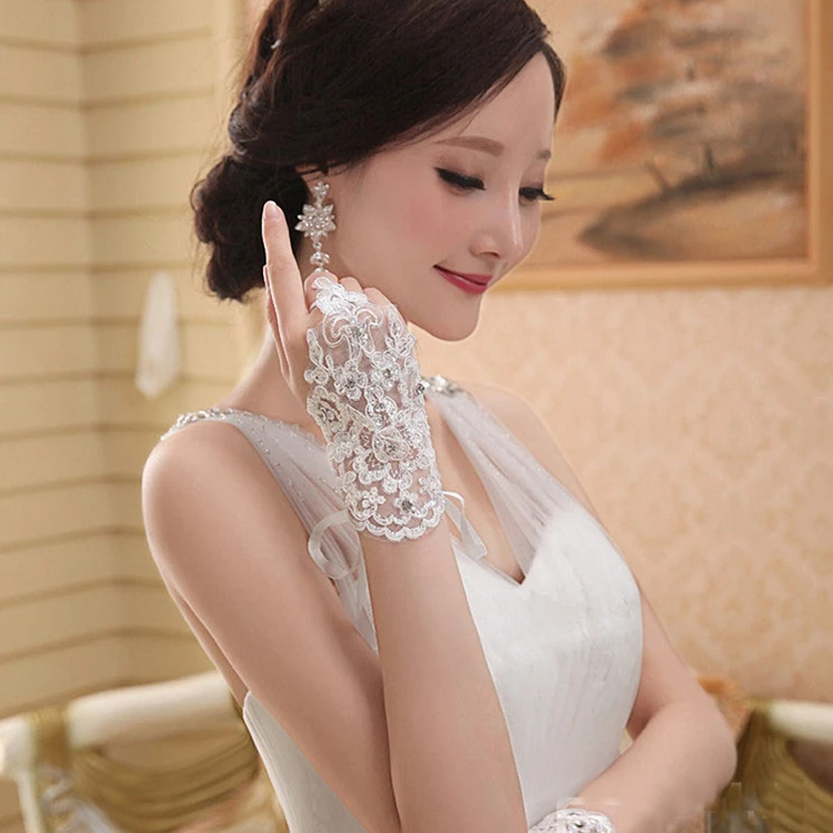 Wholesale Hook Refers To Short Soluble Flower Beads Drilling Flower Lace Bridal Wedding Dress Gloves