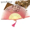 Wholesale Linen Fabric Floral Folding Hand Fan Chinese Vintage Style Craft Supplies Home Decoration Accessories