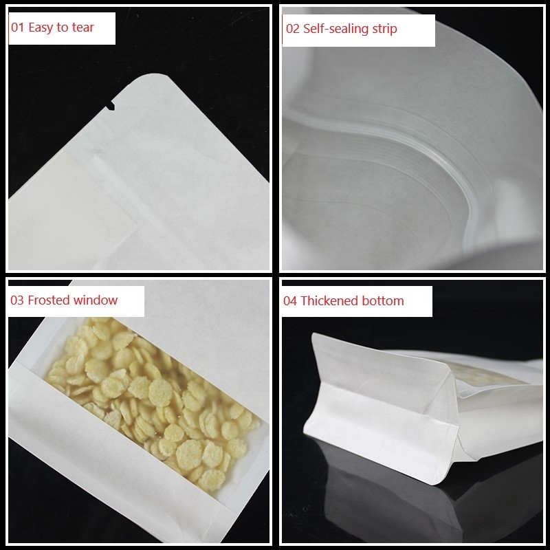 WK03 High quality white transparent heat seal snack packaging window stand up pouch kraft paper ziplock bags