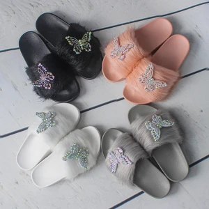 Woman Winter White Fluffy Home Ladies New Faux Outdoor Womens Slides Slippers With Fur