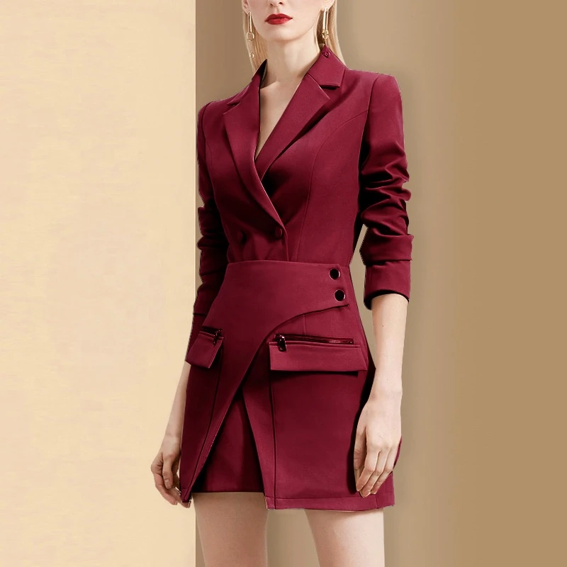 Women Winter Two-piece Suit Lapel Office Blazer Formal Business Irregular Mini Skirt Suit