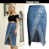Womens burrs Irregular fringed high waist skirt Mid-length split Split hip lift Denim skirt
