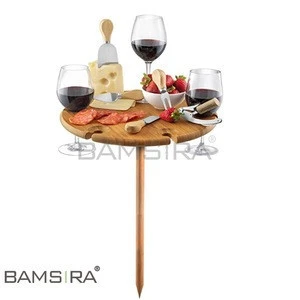 Wood Portable Picnic Board with Utensils - 100% Bamboo Outdoor Wine Table  Entertaining &amp; Camping Cheese Board/LFGB/FSC Factory