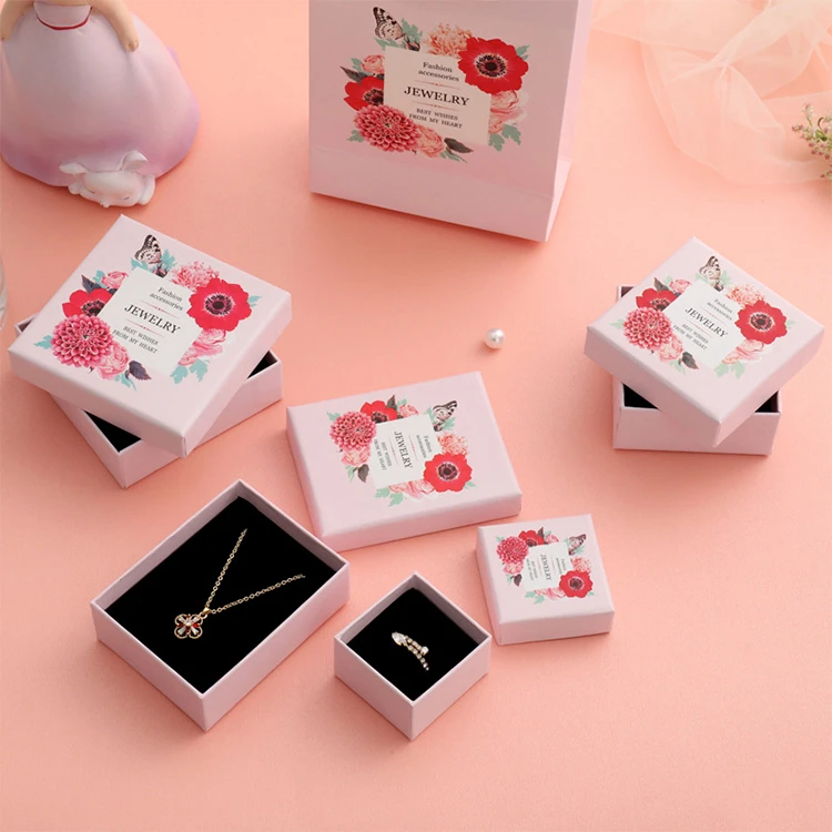 Y76  wholesale Square  cardboard lid and base paper jewelry ring box custom  necklace bracelet pink paper gift box
