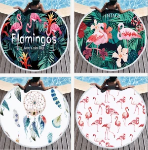 Printed Tropical Leaves Flower Flamingo Round Beach Towel Microfiber Beach Towels Roundie For Adults Serviette De Plage