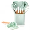 12 pcs Cooking Utensils Set with holder, Rest with Drip Pad, Wooden Handle BPA Free Silicone Turner Tongs Spatula Spoon