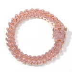 12mm Pink Cuban Chain Iced Out Rhinestone Zinc Alloy Rose Gold Plating Miami Cuban Link Chain Necklace Wholesale Jewelry