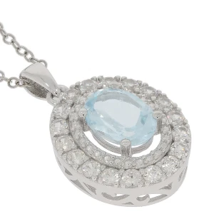 1.4cts Sky blue topaz and 0.97cts white zircon 925 Sterling Silver Natural Gemstone Halo Pendant