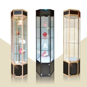 2020 New Arrivals Metal Hexagon Glass Jewellery Display Case Cabinet Light Rotating Shop Stand Showcase Decoration Design/