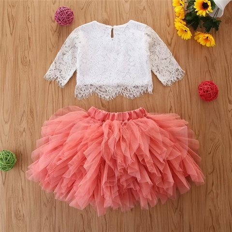 2021 Baby girls Summer Clothing set Infant Kids Baby Girl Clothes Lace Short Sleeve Tops Shirt Chiffon Petticoat Skirts outfits