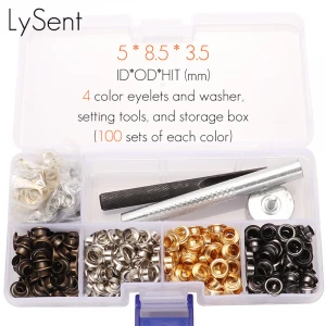 300# 5mm(1/5 inch) inner diameter brass grommet kit, 4 color grommet eyelets and setting tool with storage box 100 sets of each