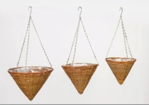 3pcs of one set natural hanging flower pot wicker planting baskets with plastic lining Cone baskets