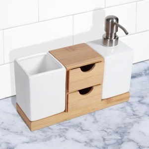 4-Piece Natural Bamboo Wood &amp; White Ceramic Bathroom Accessories Set