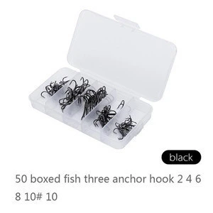 50pcs/Box Fishing Hook Sharpened Treble Hook 5 Sizes 2/4/6/8/10 Fishhook Tackle Black