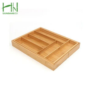 6 Compartments Totally Bamboo Expandable Kitchen Cutlery Tray with Two Adjustable drawer