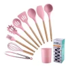 Amazon Best Seller Wood Handle Pink Color Silicone Kitchen Utensils Set Kitchen Tools Kitchenware Cooking Utensils Set of 9