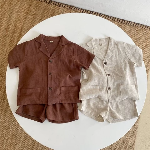 Baby Boy Girl Clothes Sets Shirt+Short Linen Summer Infant Toddler Child Homesuit Button Short Sleeve Baby Clothes 1-7Y