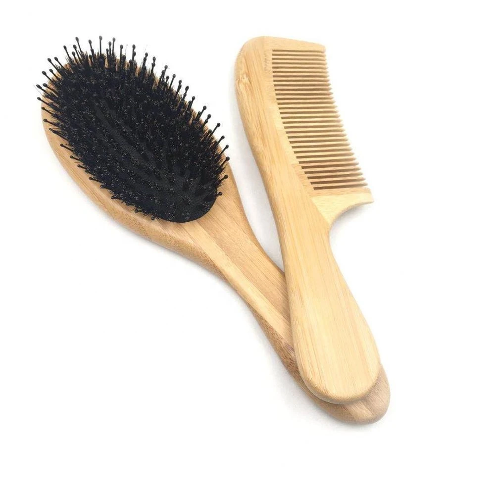Bamboo Boar Bristle Hair Brush Combs set with nylon pins