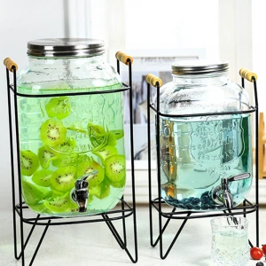 Big mason jar glass juice beverage dispenser  with metal lid and stainless steel tap juicer dispenser cold beverage in glass
