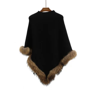 Black Natural Raccoon Fur Trim Women Angora Knitted Fur Shawl