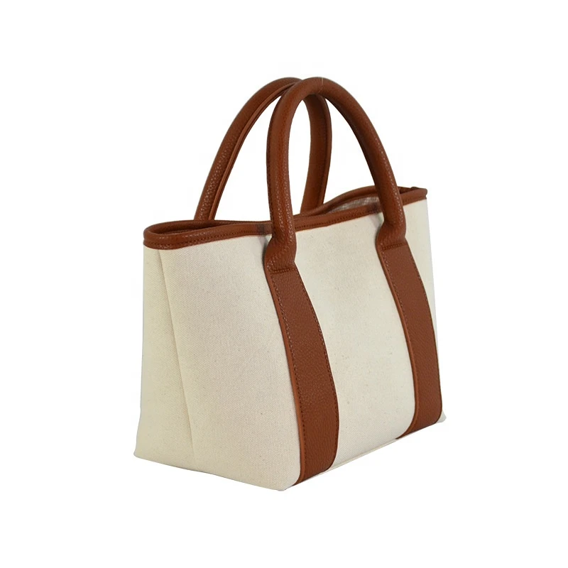 Brown Handles Leather Strap Blank Vintage Cotton Canvas Tote Bag Daily Handbag