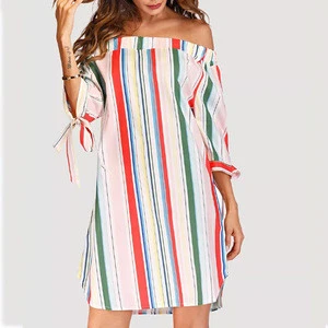 Cotton Plus Size  Off Shoulder Stripe Shirt Knot Cuff Beach Women Casual Dress