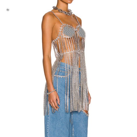 Crystal Glass Stone Embellished Body Prom Dresses Draped Crystal Chain Hem Ball Club Women Dresses