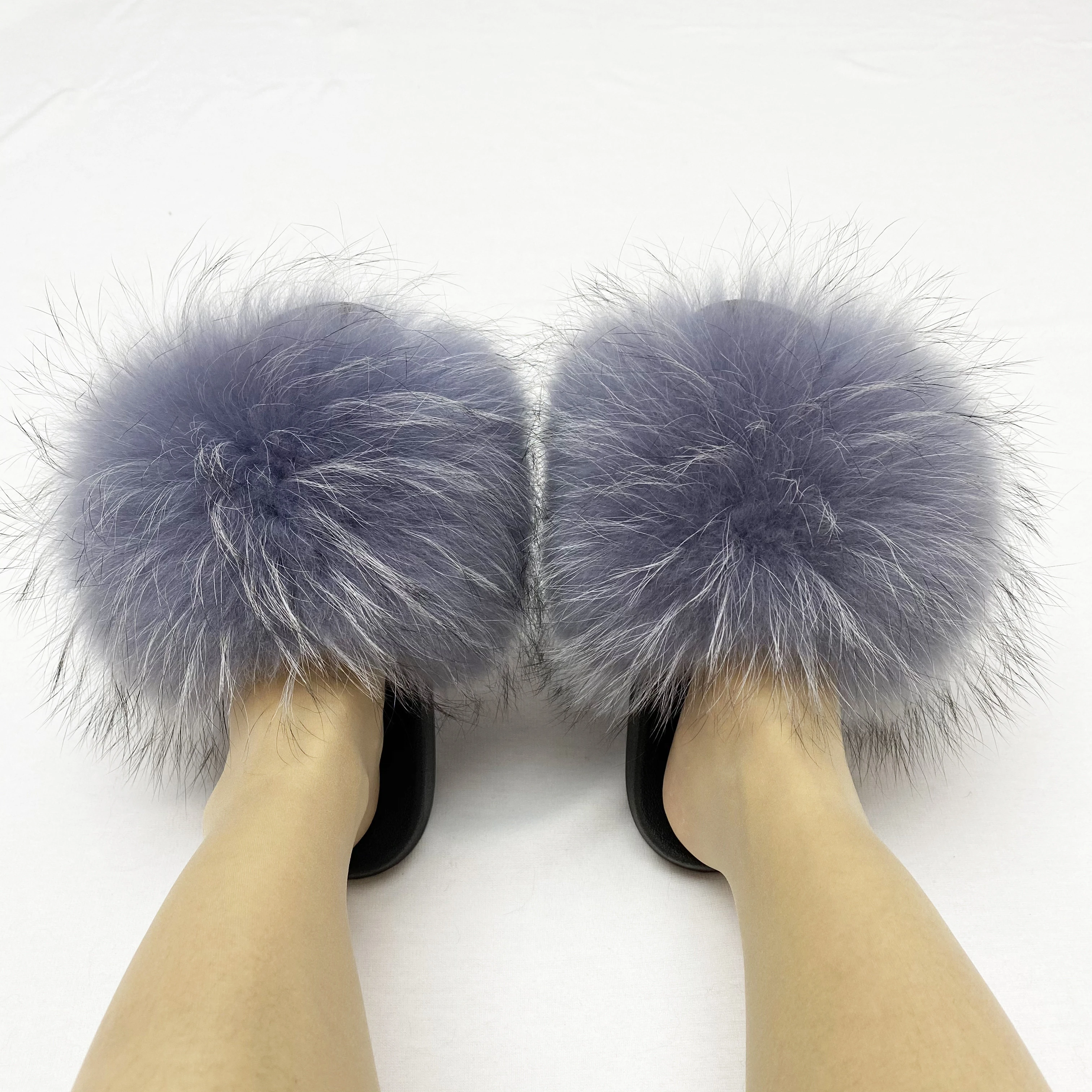 Custom Fur Slides Raccoon Fur Slide Sandals Fluffy Raccoon Fur Slippers