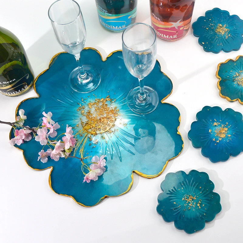 Custom Large Jewelry Art DIY 3D Silicon Flower Big Coaster Mould Tray Molds Set Silicone Epoxy Resin Mold for Crafts