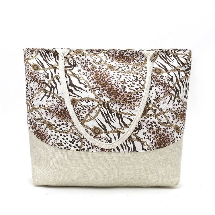 Custom Logo beach bag Large-capacity leopard-print canvas stitching portable travel bag