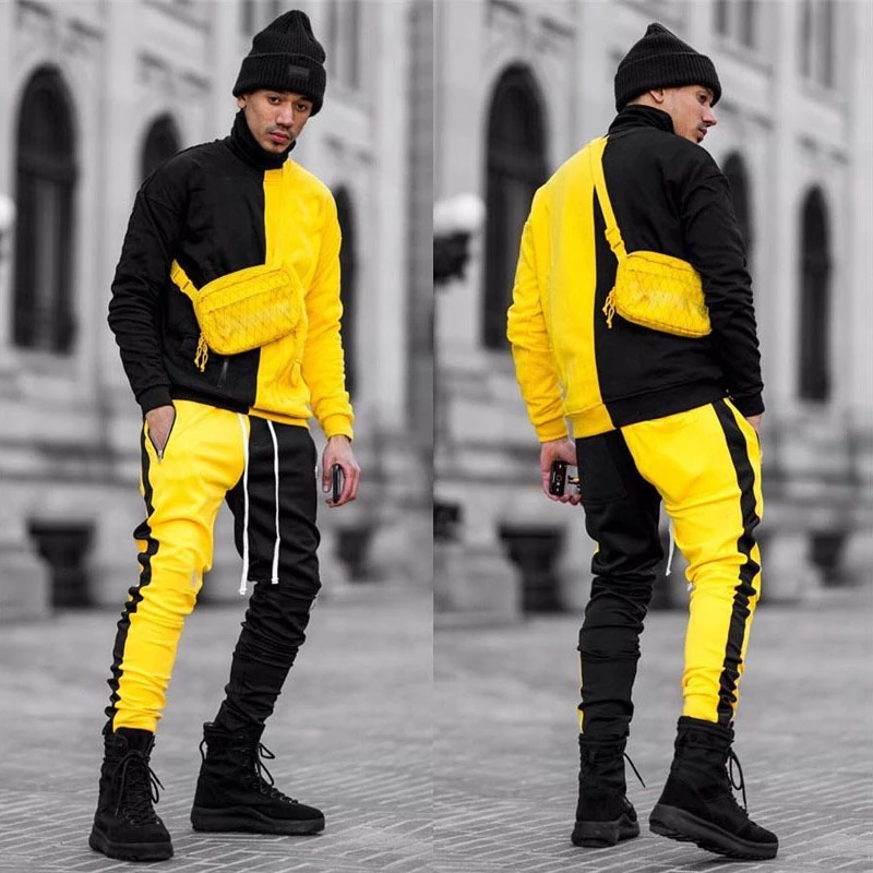 Custom Logo Muscle Man Hip Hop Style Street Sport Wear Color Contrast Spliced Jogger Tracksuits Fitness Two piece Sets suits