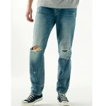 Custom spots vintage blue denim mens jeans slim fit ripped distressed men destroyed fashion jean pants