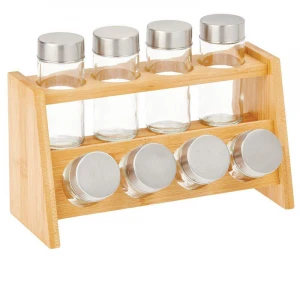 Design Bamboo Kitchen Cabinet, Pantry, Shelf Organizer Spice Rack - 2 Level Storage, Eco-Friendly, Multipurpose, Includes 8 Gl