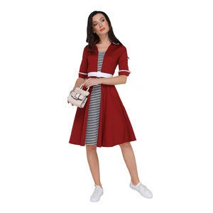 Elbow-length Sleeves Turn-down Collar Belted 3 colores Wholesale For Women Stripe Casual Dresses