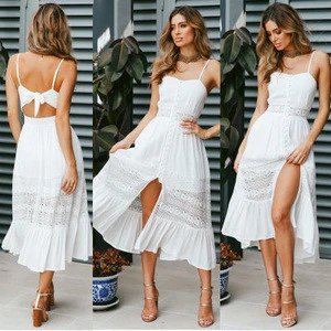 European and American sexy lace sling stitching female dress Open back bow princess dress Beach skirt
