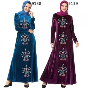 Fashion Arabian plus size womens gold velvet embroidery long sleeve casual long muslim dress for abaya