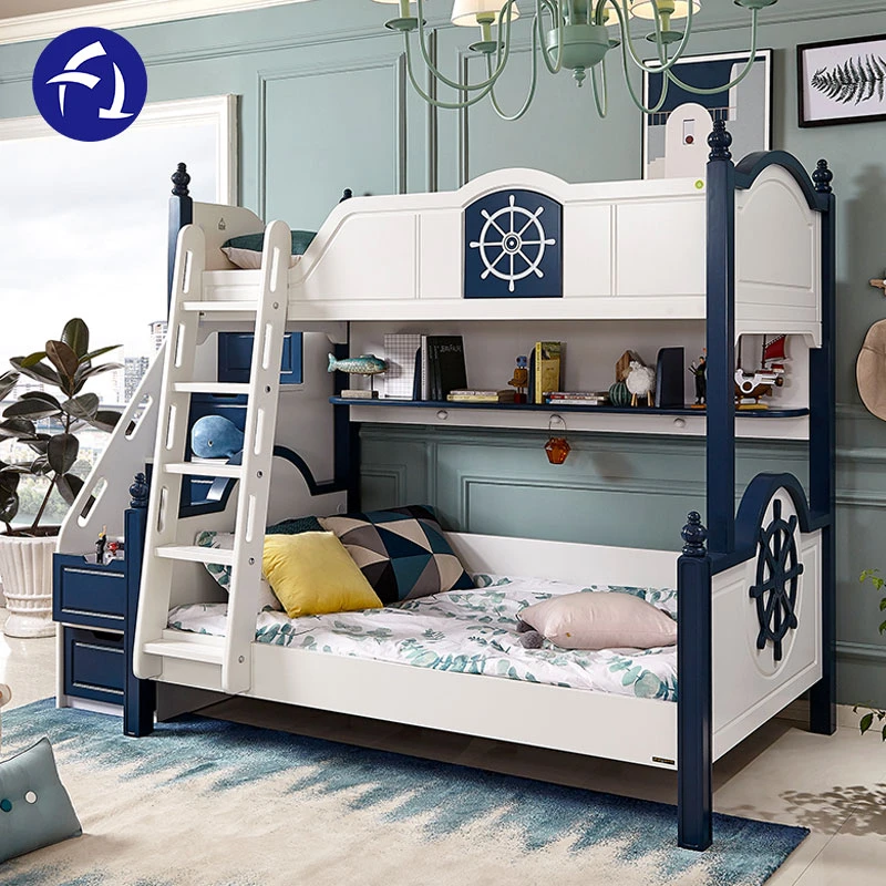 Fashionable and affordable space saving children solid wood furniture bunk beds with bedside bookcase and safety guard rail