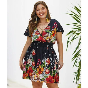 Feelingirl 2019 New Plus Size Fashion Print V Neck Short Sleeve Women Casual Summer Mini Dress