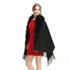 Free Shipping Fashion Women Cape Winter Wear Wool Shawl With Rabbit Fur Pompoms Warm Wool Shawl women cape shawl