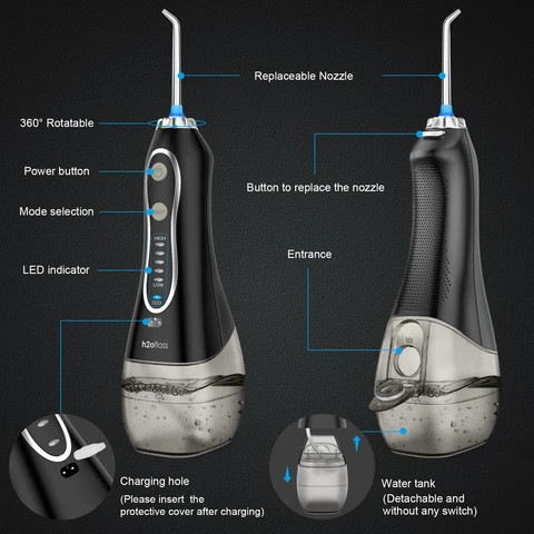 H2ofloss rechargeable portable Water Flosser 300ML professional dental flosser with 5 Modes Cordless oral Irrigator